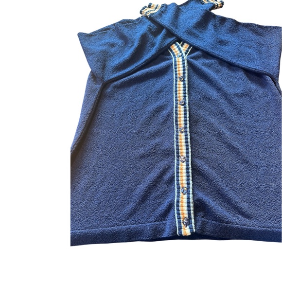 Vintage 1970s Talbott Travler Blue Textured Knit Cardigan Varsity Trim M Dacron - Picture 6 of 15